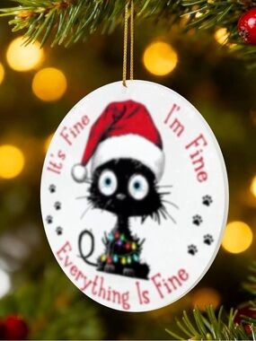 Holiday Black Cat Ornament with Red Santa Hat - A2